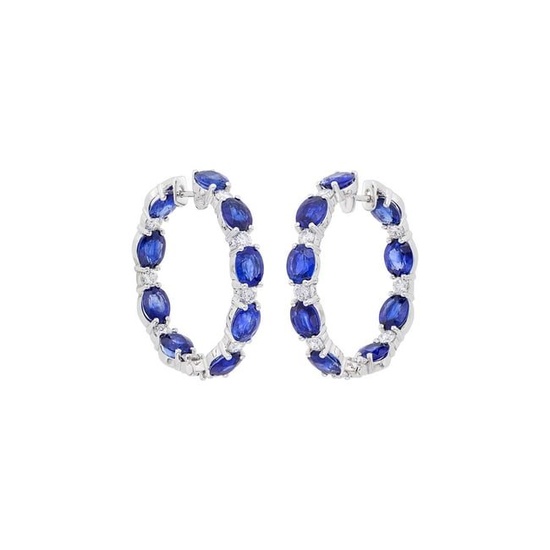 Pair of White Gold, Sapphire and Diamond Hoop Earrings