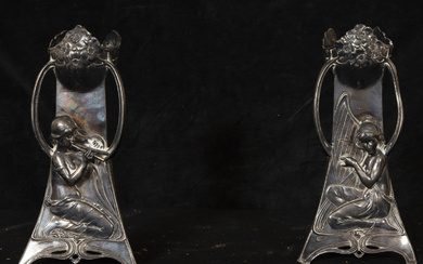 Pair of elegant Art Nouveau vases in silver-plated bronze, 1920s