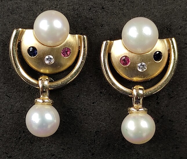 Pair of exclusive stud earrings, semicircle element with pearl pendant, decorated with small sapphi