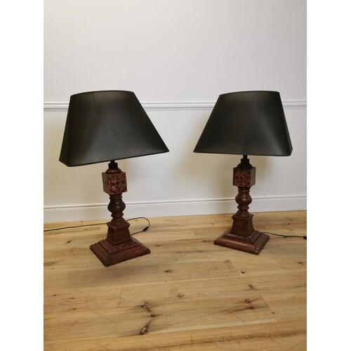Pair of good quality pine table lamps with shades. {102 cm H...
