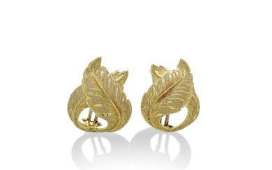 Pair of large yellow gold acanthus leaf earrings, partly engraved