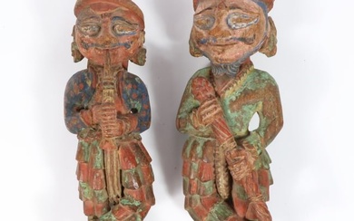 Pair of polychrome carved wood ornamental folk art ship prow? or architectural bearded musician