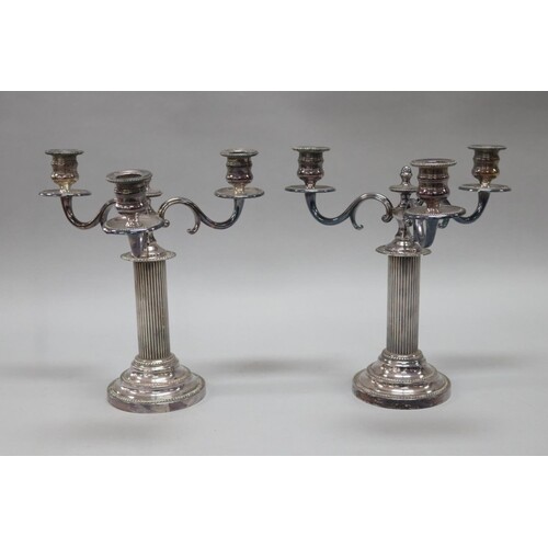 Pair of silver plated three stick candelabras, each approx 2...