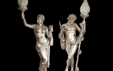 Palace Size Silver Bronze Figural Torchieres