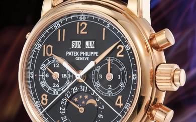 Patek Philippe, Ref. 5004R-018 An extremely fine and exceedingly rare pink gold perpetual calendar split seconds chronograph wristwatch with moon phases, 24 hours, leap year indicator, black dial, original certificate and fitted presentation box