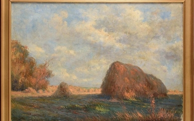 Paul VOGLER (1852-1904) Paysage aux meules Huile sur...