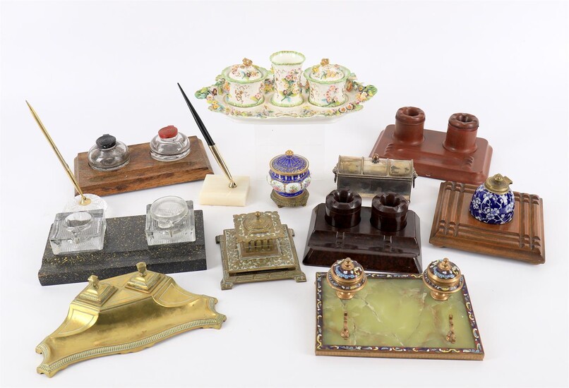 Pen and writing related items to include a 19th century Coalbrookdale style porcelain desk stand