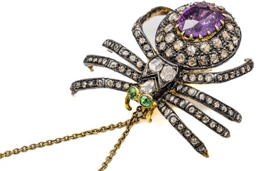 Pendant/brooch "spider" with diamonds and amethyst , silver...