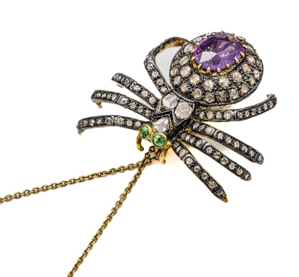 Pendant/brooch "spider" with diamonds and amethyst , silver...