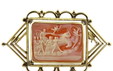 Pink and White Chariot Scene Cameo with 14K Yellow Handmade Frame Brooch Pin