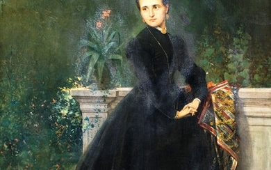 Pittore del XIX secolo Ritratto di giovane donna in un giardino olio su tela...