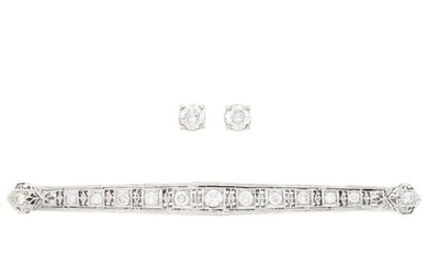Platinum and Diamond Barrette and Pair of White Gold and Diamond Stud Earrings