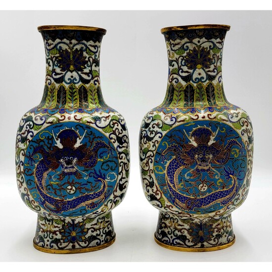Pr. Of Chinese Cloisonné Vases With Dragons 18-19 C