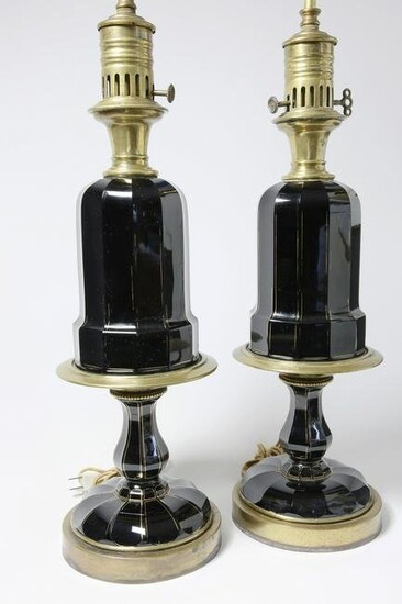 Pr of French Amethyst and Brass Kerosene Lamps, 19th c.