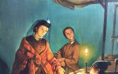 R, Van Molen, oil on panel, A moonlit scene in a Chinese market, in gilt frame. 36 x 30cm.