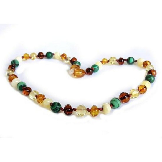 Rainbow Baltic Amber & Malachite Gemstone Necklace