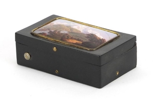 Rectangular Swiss music box, the hinged lid inset with an en...