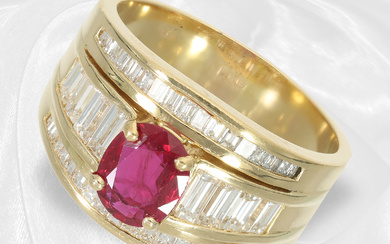 Ring: wide and decorative ruby/diamond goldsmith ring, 18K yellow gold