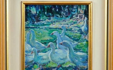 Rita Greig (1918-2011) oil on board - 'Geese, evening light'