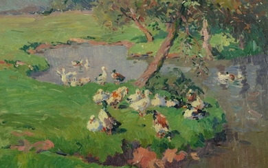 Roidot H., gooses and ducks near a pond,...