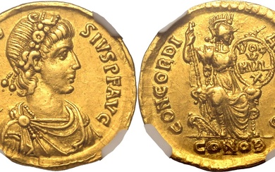 Roman Empire Theodosius I AD 378-383 AV Solidus NGC Ch XF Strike: 5/5 Surface: 3/5; an attractive example
