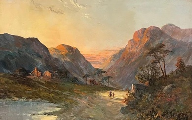 Romantic Scottish Highlands Antique Oil Painting, Mother & Child Glen Pathway