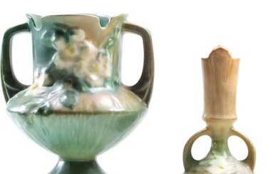 Roseville Art Pottery Double Handle Vase White Rose & Roseville Cosmo Candlestick