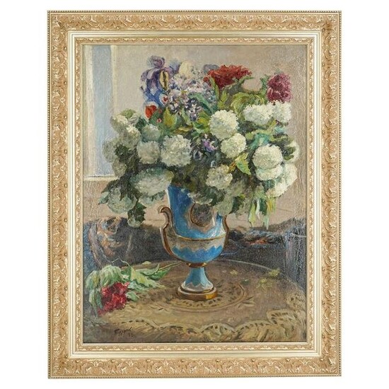 Russian Signed Still Life Of Flowers In Blue Vase Oil