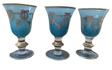 SET OF THREE TURQUOISE GOLD SWAG WINE GLASSES