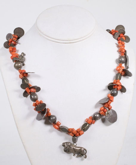 SPANISH COLONIAL CORAL AND SILVER COINS NECKLACE