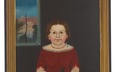 STURTEVANT J. HAMBLEN | PORTRAIT OF A GIRL IN A RED DRESS HOLDING AN APPLE
