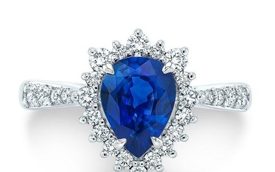 Sapphire And Diamond Pear Shape Prong-set Halo Ring With Tapered Shank In 18k White Gold (8x6mm)