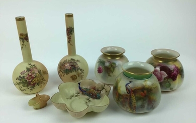 Selection of Royal Worcester including pair of slender neck bottle vases, miniature basket etc, 7 pieces