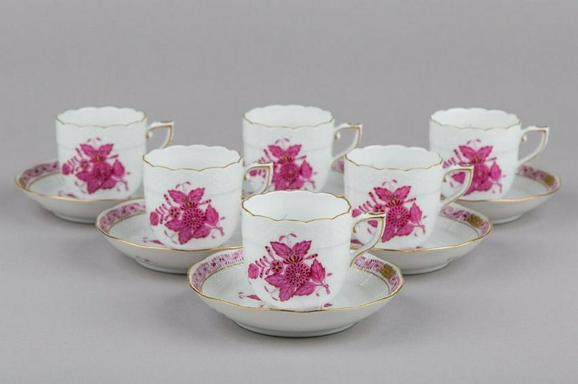 Set of Six Herend Chinese Bouquet Raspberry Coffee