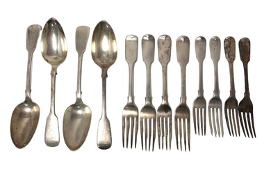 Set of four Victorian silver Fiddle pattern table spoons, with engraved initials