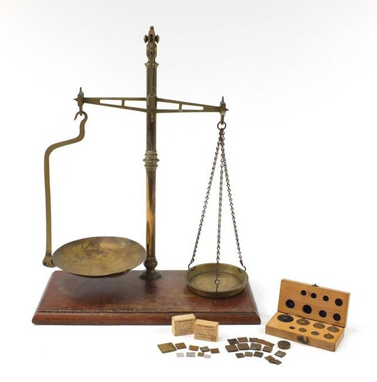 Set of vintage brass pan scales with weights, 51cm high
