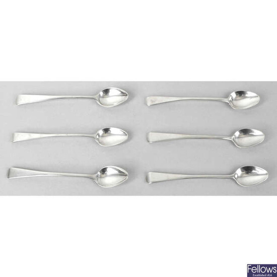 Six George IV and Victorian Old English pattern silver coffee spoons.