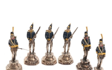 Six Italian 20th century painted silver military figurines. Weight app. 1904 gr. H. 13.5–14.3 cm. (6)