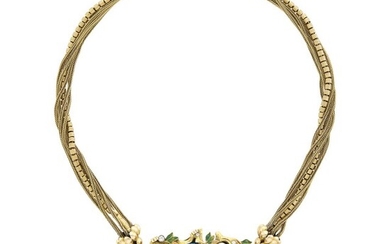 Six Strand Gold, Black Opal, Diamond and Enamel Pendant-Necklace