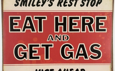 Smiley's Rest Stop Gas and Food Tin Advertising Sign