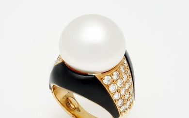 South Sea Cultured Pearl, Diamond, Jade, Bombe' Ring