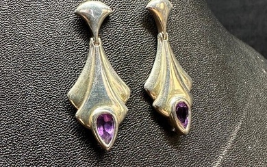 Sterling Amethyst Deco-Style Drop Earrings