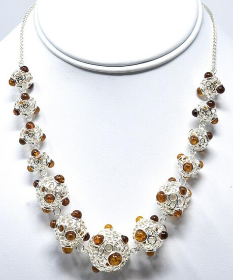 Sterling Silver Necklace w Amber Cabochons