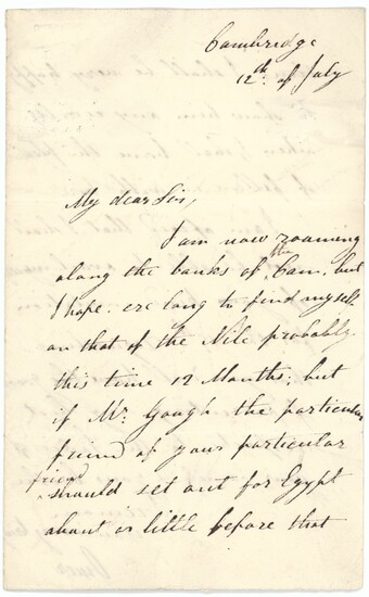 Sudan Omar Pasha 12 July (no year) ALS from Cambridge to unnamed correspondent writing "I am no...