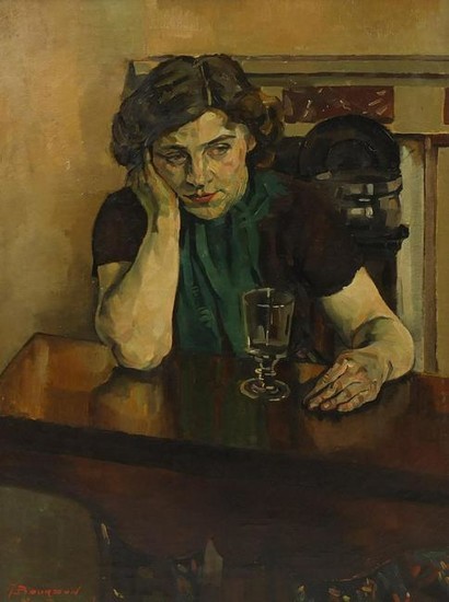 T Bourdon - Female at a table with a glass, oil on