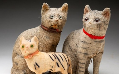 THREE FOLK ART CAT TOYS.