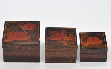 THREE SQUARE BOXES, DRAGONFLY, LOTUS BUTTERFLY, LACQUER, WOOD, STACKABLE, AROUND 1950, JAPAN.