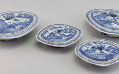 TWO PAIRS OF BLUE AND WHITE CANTON PORCELAIN COVERED VEGETABLE DISHES 19th Century Widths 8.25" and