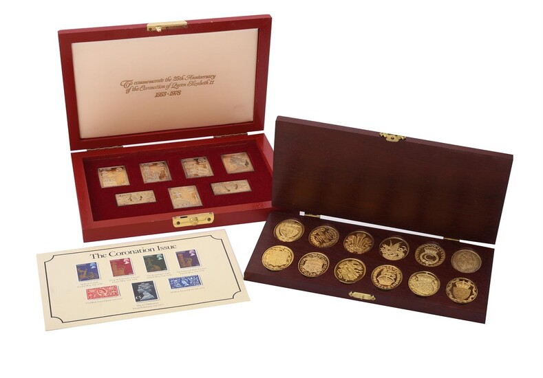 TWO SETS OF COMMEMORATIVE SILVER GILT MEDALLIONS