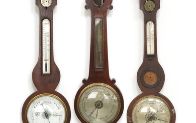 Three 19th century mahogany wall barometers with thermometer...